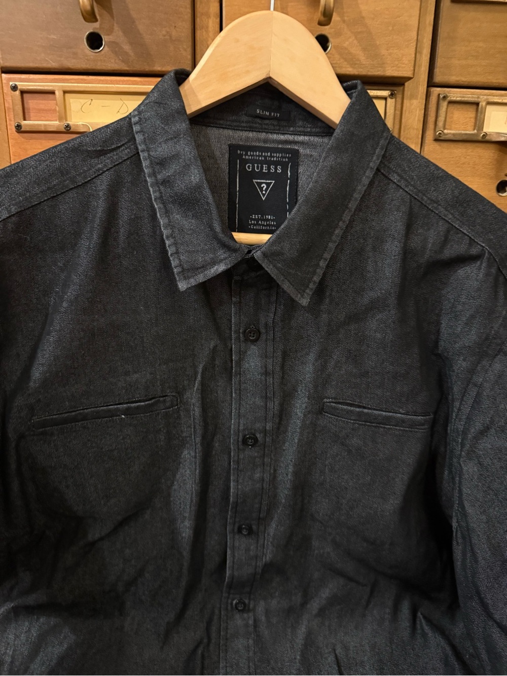 GUESS Men’s Slim Fit Black Denim Chambray Button-Up Shirt - Size XL